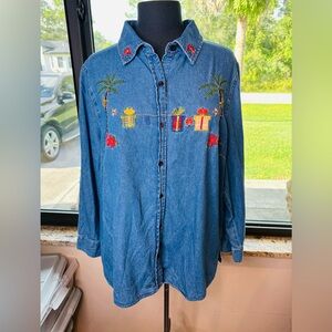 White Stag Plus Vintage Embroidered Holiday Denim Button Down Blouse Size 16W